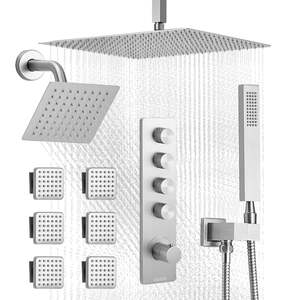 16-Inch Thermostatic Rainfall <b>Shower</b> System 6-Inch Dual Rainhead Brass Valve <b>Trim</b> Kit 6 Body Jets <b>Shower</b> <b>Shower</b> Room Accessories - Product Image 1