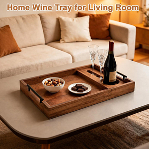 Plateau de service durable en bois d'acacia avec porte-verres à vin, logo gravé au laser, idéal pour pique-niques, fêtes et réceptions, incluant un plateau à charcuterie - Product Image 5
