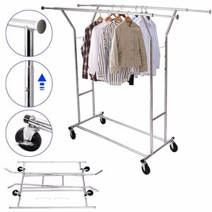 Portable Double Bar Steel <b>Clothes</b> <b>Rack</b> Silver Finish - Product Image 4