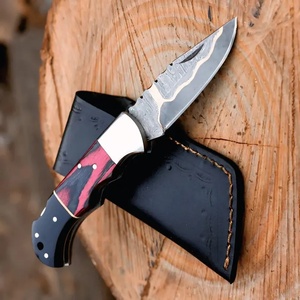 Couteau utilitaire pliant A&M Enterprises Premium en acier Damas fait main, pointe droite, manche en bois Micarta, 8 pouces, cuir - Product Image 2