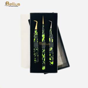 Pince à cils professionnelle de luxe double ton Jaune Noir en acier inoxydable 90, outil d'extension de cils à forte adhérence et durable - Product Image 1