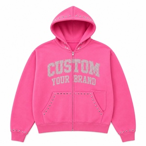 Sudadera con capucha rosa personalizada con cremallera y tachuelas para hombre, estilo oversize, moda urbana, con pedrería, casual, tipo jersey. - Product Image 1