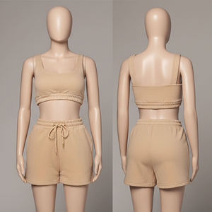 Ensemble deux pièces pour femmes : débardeur court uni kaki à col rond et short de détente à cordon de serrage – Vêtements en gros OEM ODM - Product Image 1