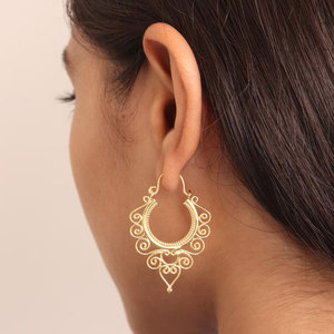Handmade Gold Plated Spiral Hoop <b>Earrings</b> Intricate Heart Scrollwork Boho Tribal Statement Jewelry for Women - Product Image 3