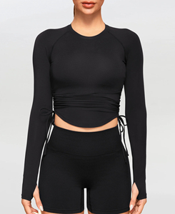 Ensemble de yoga noir pour femme 2026 – Haut court à col rond et manches longues, short taille haute, 2 pièces, couleur unie, froncé, respirant à l'avant - Product Image 1