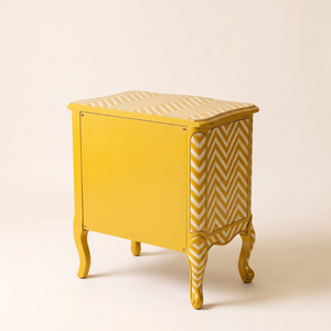 Mesita de noche hecha a mano con incrustaciones de hueso y patrón de rayas amarillas en forma de chevron, hecha de madera para decoración, muebles de dormitorio de la India. - Product Image 2
