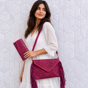 Ensemble de sac à main et pochette à franges sculptées à la main, sac bandoulière de haute qualité, sacs et portefeuilles de style western - Product Image 1