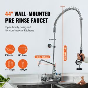 Grifo de Lavabo Industrial de Latón para Montar en la Pared, 44 Pulgadas de Alto, 8 Pulgadas de Distancia entre Ejes, Caño Giratorio de 12 Pulgadas con Rociador Extensible - Product Image 3