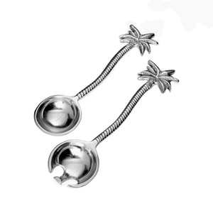 Brass Silver Plated Unique Round Design Salad Server Handmade with Ribbed Handle Curved Palm Tree <b>End</b> - Product Image 1