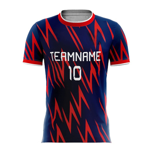 เสื้อฟุตบอลผู้ชายทรงปกติสำหรับผู้ใหญ่ พิมพ์ลายชื่อทีมแบบซับลิเมชั่น ระบายเหงื่อได้ดี สีน้ำเงินลายเรขาคณิต คอกลม แขนสั้น - Product Image 1