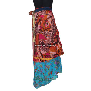 Faldas de Playa de 2 Capas para Mujer, Estilo Vintage, Sari de Seda, Falda Larga Cruzada, Sari Reversible de 2 Capas, Estilo Bohemio Mágico - Product Image 4