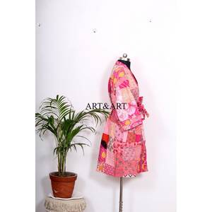 Bikini vintage playero para mujer, con estampado floral rosa colorido, estilo patchwork, para vacaciones, estilo bohemio, suelto, estilo kimono de seda kantha. - Product Image 5