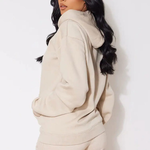 Ensemble de survêtement beige à capuche pour femme, 2 pièces, sweat-shirt à manches longues, pantalon de jogging, couleur unie, 100% coton, respirant, streetwear, hiver - Product Image 4