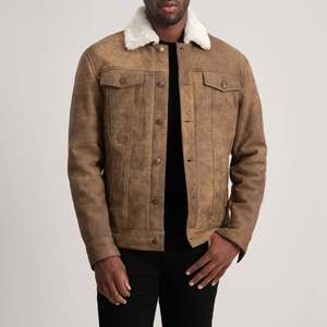 <b>Men's</b> Genuine Suede <b>Leather</b> <b>Jacket</b> Turn-down Collar Button Closure Slim Fit Winter Windproof Moto Biker Style Faux Fur Lining - Product Image 5