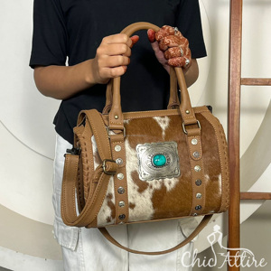 Western Hair On Cowhide Leather Speedy <b>Bag</b> With Turquoise Concho <b>Studded</b> Design Duffel Handbag For Women Travel And Daily Use - Product Image 1