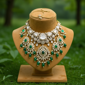 Kundan and Beads Semi-<b>Bridal</b> Necklace <b>Set</b> with Earrings-Gemstone <b>Jewelry</b> Gift - Product Image 3
