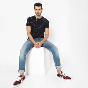 Camiseta Gráfica con Efecto Lavado Ácido y Salpicaduras de Pintura para Hombre, Cuello Redondo, Estilo Urbano, Algodón Slub Vintage, Casual, Hip Hop, OEM Personalizada - Product Image 5