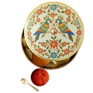 Elegant Parrot Printed Design Brass Masala Dabba Spice Box with Floral Engraved Lid Handmade <b>Kitchen</b> <b>Storage</b> <b>Container</b> - Product Image 1