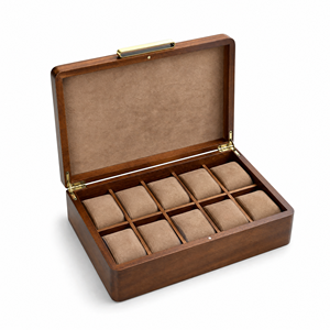 Boîte à montres en bois massif à 12 emplacements avec doublure en daim et poignée métallique - Product Image 1