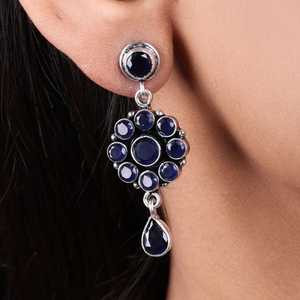 Boucles d'oreilles pendantes en argent sterling 925 avec saphir bleu pour femmes, bijoux vintage faits à la main, boucles d'oreilles tendance - Product Image 5
