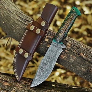Hand Forged Damascus Steel Bushcraft Knife Pine Cone Handle Full Tang Fixed Blade Camping Knife with <b>Leather</b> Sheath Custom OEM - Product Image 4