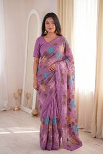 Purple Floral Embroidered Rayon Saree With Lace Border Traditional Indian Wear For Women All Seasons - Product Image 1