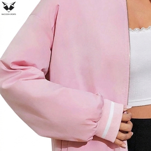 Veste universitaire rose à manches longues avec fermeture éclair, bordure contrastante, coupe classique, pour femme, tenue d'automne, couleur unie, col rabattu - Product Image 6