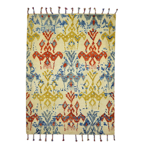 Tapis d'intérieur en laine tissé à la main, multicolore, terracotta, bleu, jaune, tribal, bohème, géométrique, avec pompons, à poils ras, pour salon - Product Image 4