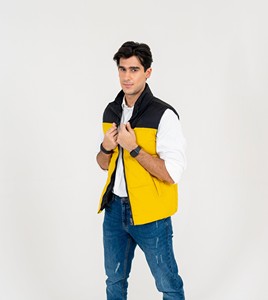 Men's <b>Yellow</b> Black Color Blocked <b>Puffer</b> Vest Stand Collar Zipper Closure Casual Autumn Outerwear Windproof Sleeveless <b>Jacket</b> - Product Image 2