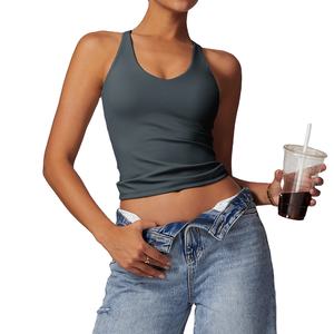 เสื้อกล้ามใส่วิ่งสำหรับผู้หญิงใส่ในฤดูร้อนเสื้อถักรัดรูปคอวีลึกผ้าโพลีเอสเตอร์ปรับได้ระบายอากาศได้โลโก้ตามสั่ง - Product Image 1