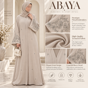 Abaya classique ivoire avec broderie florale sur les manches et poignets fluides |   Robe longue musulmane modeste pour un port quotidien élégant - Product Image 5