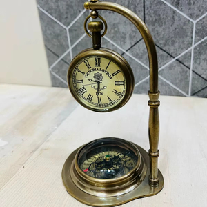 งานฝีมือโบราณ นาฬิกาตั้งโต๊ะทองเหลืองสมัยใหม่ พร้อมเข็มทิศ ทำด้วยมือ ของตกแต่งโต๊ะสไตล์ทะเลแบบพกพา - Product Image 1