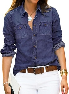 Camisa de Algodón Azul Marino para Mujer, con Botones, Manga Larga, Color Sólido, Cuello Clásico, con Bolsillos, Corte Regular, para Todas las Temporadas - Product Image 5