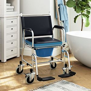 Black 300 Lbs Rolling Shower Chair Bedside Commode Wheelchair Padded Seat <b>Backrest</b> for Seniors Safety Equipment - Product Image 2