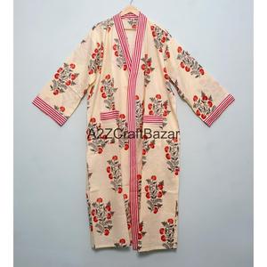 ชุดกิโมโนผ้าฝ้ายเนื้อนุ่มพิมพ์ลายด้วยมือสำหรับผู้หญิง คอวี แขนสามส่วน ยาวเต็มตัว มีเชือกผูก ระบายอากาศได้ดี แห้งเร็ว - Product Image 1