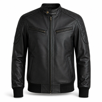 Blouson aviateur en cuir noir de qualité supérieure pour homme avec épaules matelassées en losanges, poignets en tricot côtelé, ceinture, fermeture éclair, poches poitrine et devant