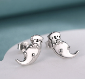 14K Gold Plated 925 Sterling <b>Silver</b> Otter <b>Stud</b> Earrings Hugging Shell Design Minimalist Animal Jewelry Unisex Party Gift - Product Image 1