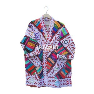 Elegant Handmade Kantha Cutwork V-neck Knee-Length Summer/Winter Women's <b>Robe</b> 100% Cotton Fashionable Party Wear - Product Image 3