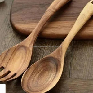 OceanTip Ensemble cuillère et fourchette à salade en bois de mangue | Ustensiles en bois à manche laqué bleu pour une présentation écologique à manger et à la table - Product Image 4