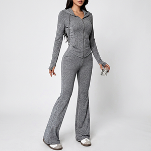 Women's Gray 2 Piece <b>Yoga</b> Set Full Length Leg Zipper Hoodie <b>Sweatshirt</b> Pants Solid Color Breathable Spandex Cotton - Product Image 6