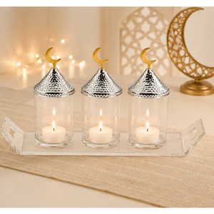 Ensemble de 3 pots en verre de luxe avec couvercles en forme de croissant de lune dorés et plateau en acrylique, élégant pour le Ramadan et l'Aïd, vente en gros, style arabe, bonbons - Product Image 4
