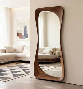 Large organic wavy <b>arch</b> <b>full</b> <b>length</b> floor <b>mirror</b> crafted with a natural brown wooden frame, available at wholesale prices. - Product Image 1