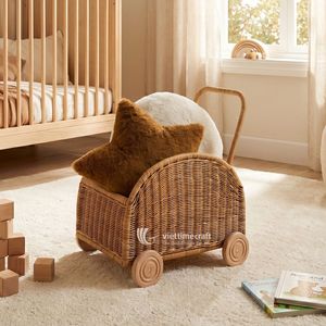 Handwoven Rattan Wooden Frame Toy Pram Wicker Doll <b>Stroller</b> Sustainable Kids Room Storage Cart & Walker Wagon <b>for</b> <b>Toddlers</b> - Product Image 2