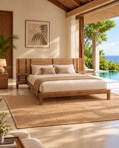 Lit plateforme en bois avec sommier à lattes et tête de lit pour villa, hôtel, chambre à coucher, taille personnalisée - Product Image 1