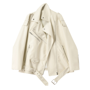 Chaquetas de cuero sintético para mujer, estilo motociclista, con hombros caídos y detalles de encaje, impermeables, acolchadas, holgadas, informales, para primavera y otoño - Product Image 6