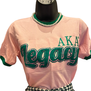 T-shirt en chenille rose AKA Legacy pour femme, broderie de lettres grecques, col rond premium, haut décontracté de sororité, tissu de haute qualité - Product Image 1