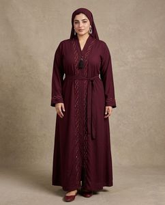 Elegante Abaya Marrón con Cuentas, Cuello en V, Manga Larga, Vestido Maxi Modesto para Mujer, Talla Grande, Estilo de Medio Oriente, Algodón, Corte Holgado - Product Image 3