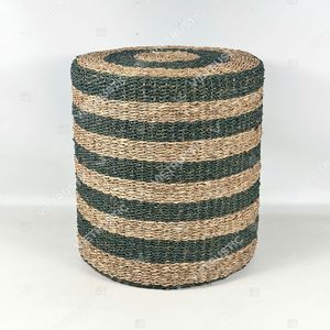 Puf cilíndrico y reposapiés de junco marino tejido a rayas, diseño artesanal moderno, tamaño y color personalizables - Product Image 2