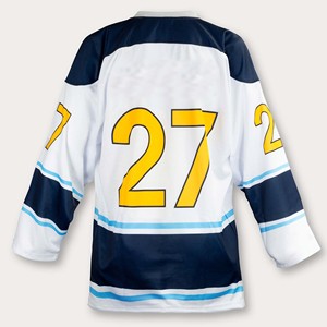 Camiseta de Hockey sobre Hielo Personalizada para Hombre, Blanca y Azul, con Logotipo de Dibujos Animados, Impresión Sublimada, Cuello en V, Manga Larga, Ecológica, Transpirable y Absorbente de Humedad - Product Image 3