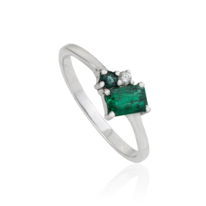 Wholesale 925 Sterling <b>Silver</b> Natural Baguette <b>Emerald</b> & Round Diamond Asymmetrical Cluster Fine <b>Ring</b> Jewelry - Product Image 3